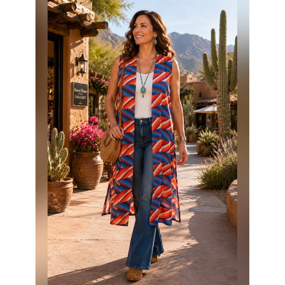 LuLaRoe Joy Duster Vest S Blue Orange Southwest‎ Geometric Long Sleeveless Boho
